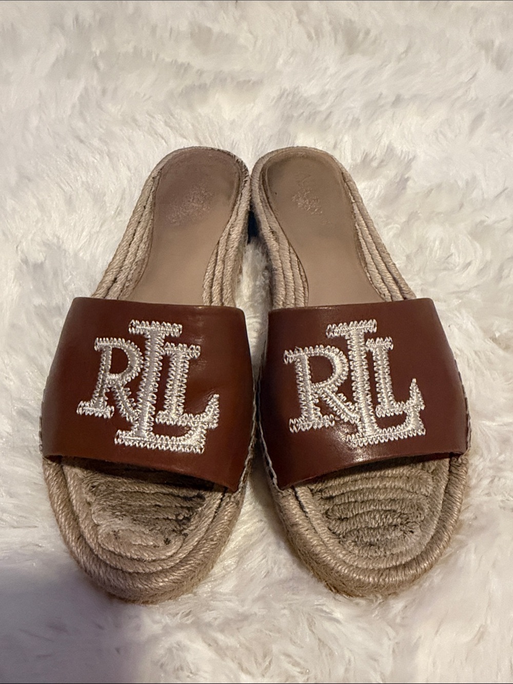 Ralph Lauren Brown Leather RL Embroidered Espadrille Slides